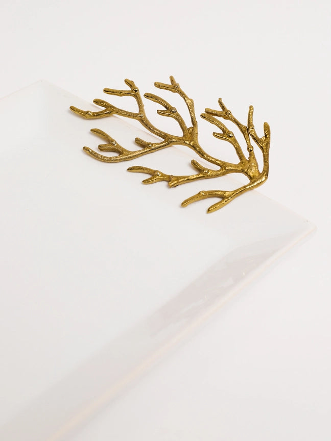 White Ceramic Tray w. Gold Coral