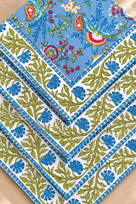 Blue Floral Block Print Napkins - Set of 4
