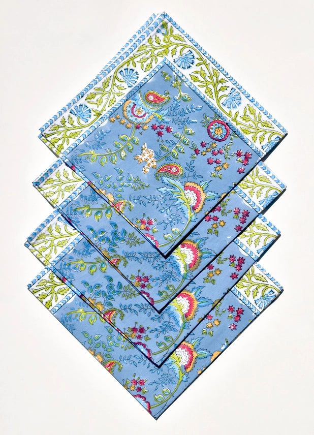 Blue Floral Block Print Napkins - Set of 4