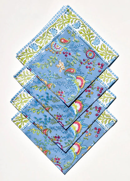 Blue Floral Block Print Napkins - Set of 4